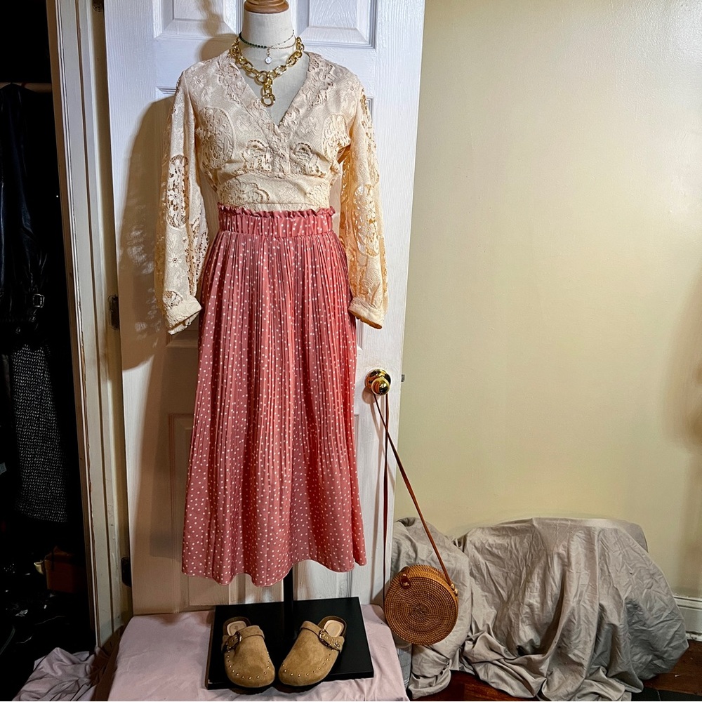 Wms Pink Polka Dot Pleated Ruffle Boho Twee Retro Midiβ Skirt M